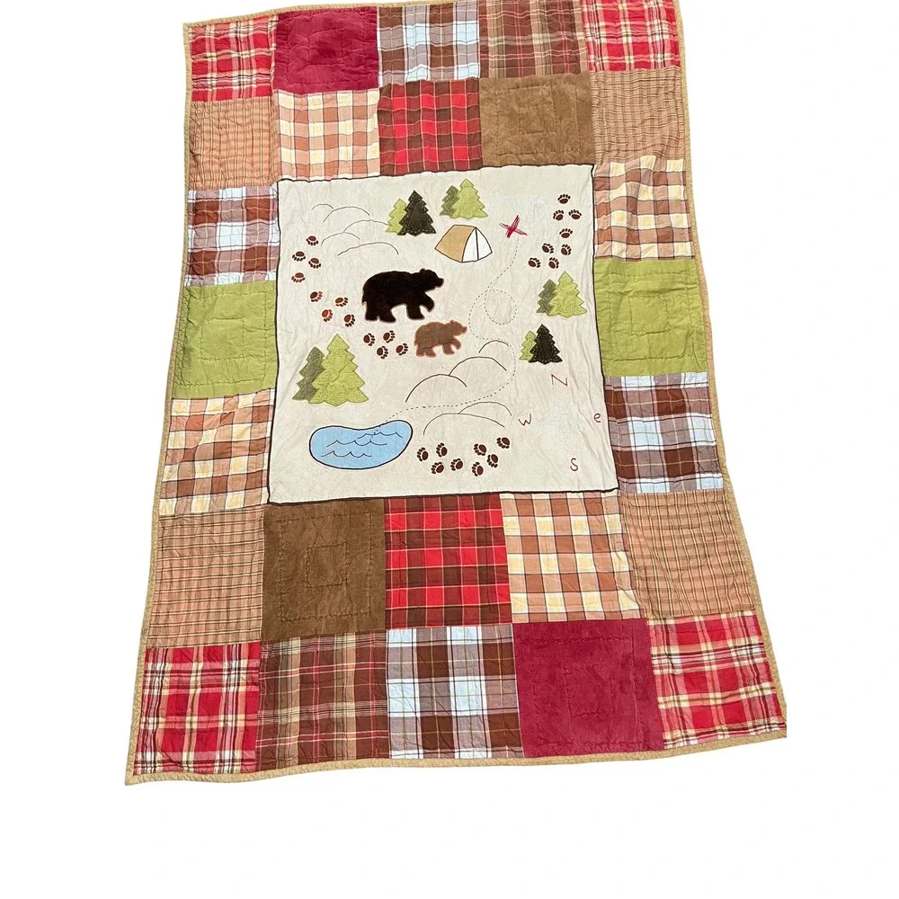 Vintage Woolrich Kids Cabin Quilt | Bear Patchwork | Rustic Lodge Twin Bedding